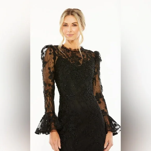 MAC DUGGAL Black Ruffle Wrist Embellished High Neck Midi size 6 - Picture 1 of 14